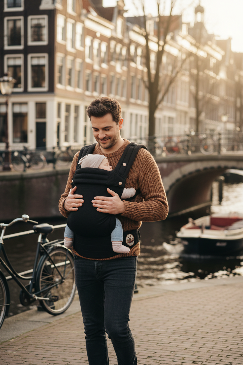 Vader met Dutch Little Ones draagzak in Amsterdam